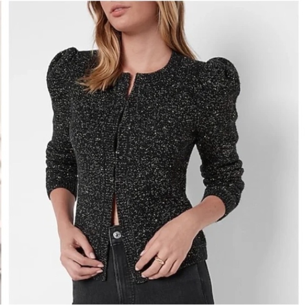 Express Black/ Gold Knit Sweater with Puff Shoulder Detail, Size S, NWT